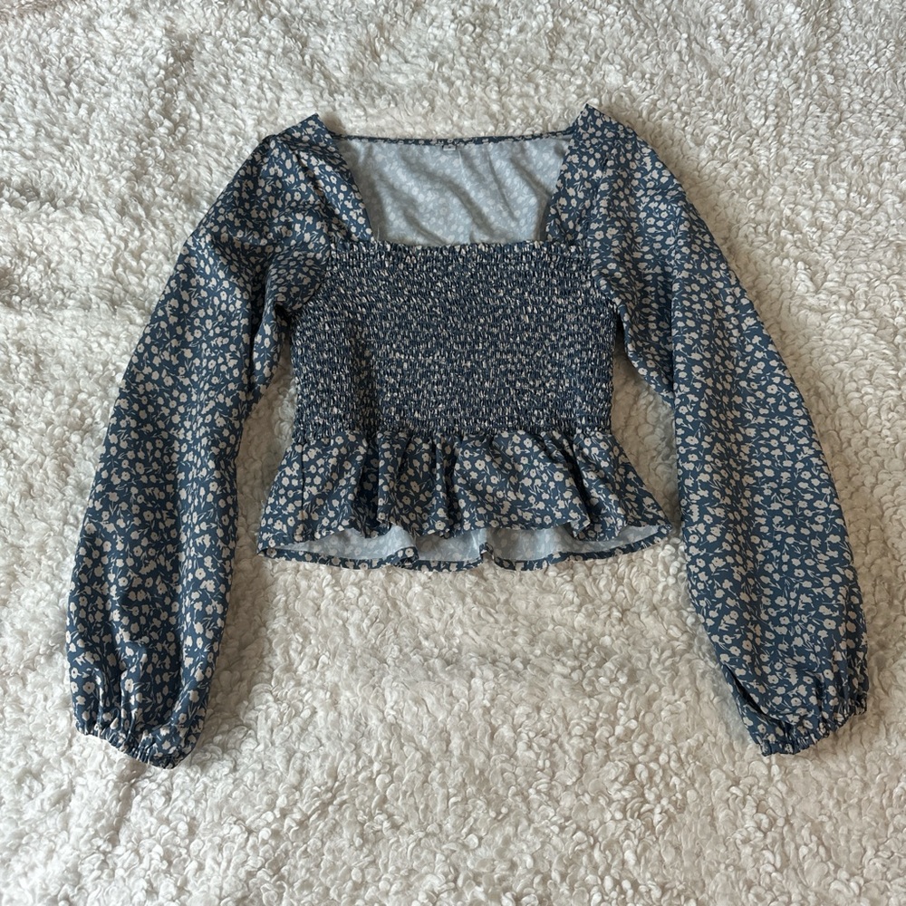 Blue and cream floral, long sleeve blouse